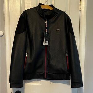 Men’s F Collections Black Bomber Jacket with Red-Trim Zippers by